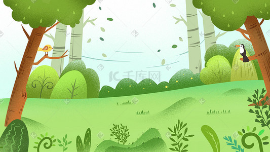 元气森林气泡水插画图片_绿色系春天春景森林树木草坪树林树丛背景