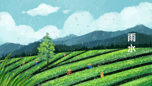 24节气之谷雨插画图片_雨水主题之采茶场景