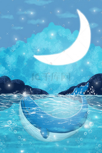 天空夜晚月亮深蓝大海里的鲸鱼和月亮