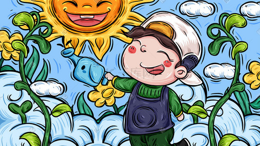 树藤花插画图片_春天白云上给小草浇花的男孩