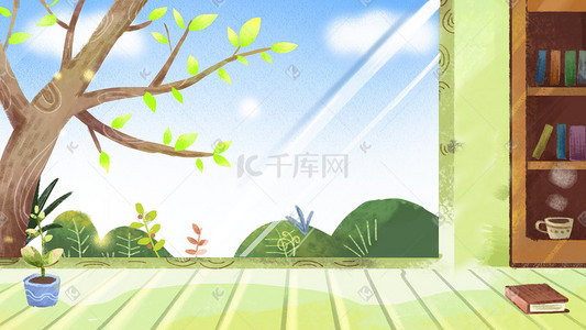 春天背景插画图片_窗外绿色春天背景家里住宅植物