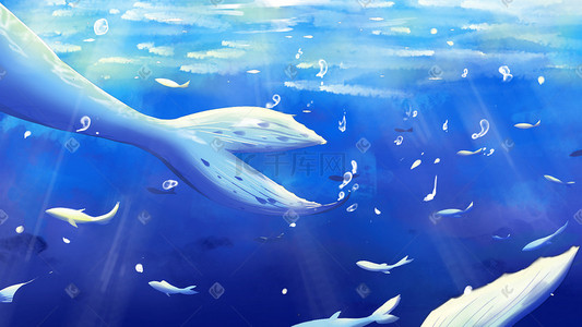落入深海插画图片_深海鲸鱼梦幻治愈