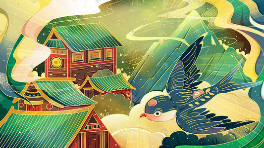 金边柳树插画图片_国潮金边风春天的燕子和建筑
