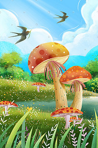 飞来的财神插画图片_春天湖边采蘑菇燕子飞来