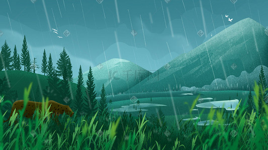 大雨暴雨插画图片_绿色手绘肌理雨天平原