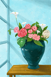 一枝梅花瓶插画图片_窗边的花瓶静物小美好
