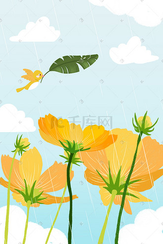 下雨天雨季里的黄色花朵绽放