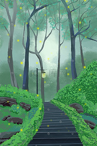 废弃楼梯插画图片_惊蛰节气春天绿色森林楼梯场景插画