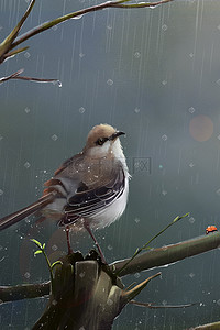 小男孩淋雨插画图片_雨中的小鸟写真唯美可爱