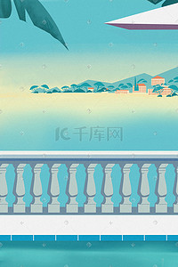 海峡两岸烟花插画图片_噪点扁平夏威夷海景图