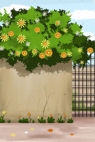 院子一角景色手绘插画