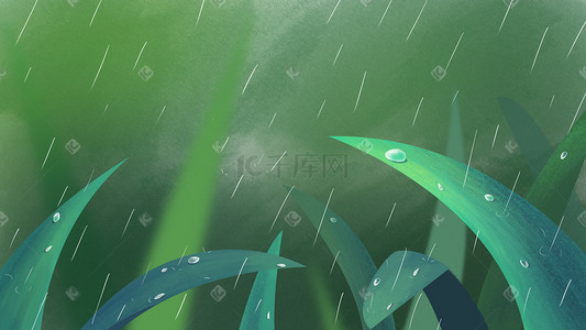 水珠包裹插画图片_下雨天绿色草丛水珠雨水露珠