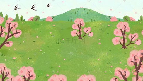 春天的桃树和绿草地