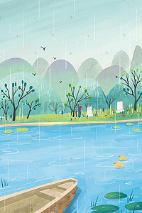 远山手绘插画图片_春天下雨小船河流远山