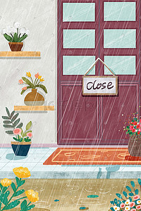 胶带插画图片_扁平门前的下雨景色