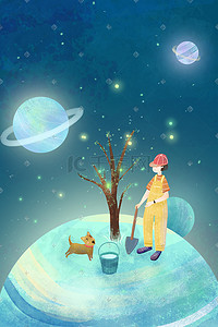 种树女孩插画图片_蓝色星球女孩和狗一起种树