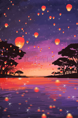 浪漫孔明灯图片素材_唯美天空浪漫晚霞湖水孔明灯