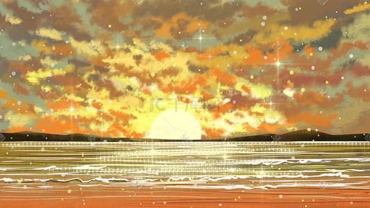 浪漫金色天空夕阳云朵唯美海边沙滩浪花