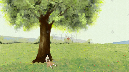 思考话框插画图片_春天树下的小女孩思考