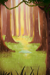 春天雨中的森林手绘