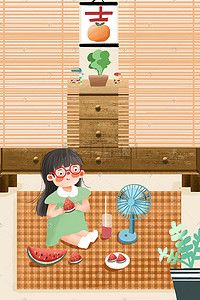 卡通儿童插画小女孩吃西瓜过夏天