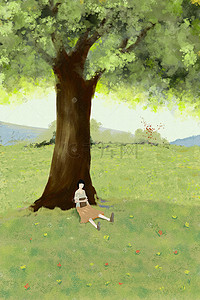 思考话框插画图片_春天的树下小姑娘思考