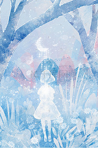 蓝色纹理背景插画图片_冷色调主题之女孩月亮植物治愈系