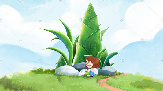 春季景色插画图片_春分小姑娘在草地玩耍春天景色