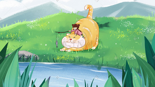 猫咪头简笔画插画图片_春天小女孩骑着猫咪在河边钓鱼