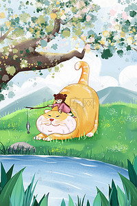 猫钓鱼卡通插画图片_春天小女孩骑着猫咪在河边钓鱼