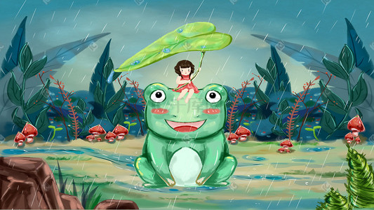 绿色手绘青蛙插画图片_手绘春天惊蛰节气小女孩与青蛙