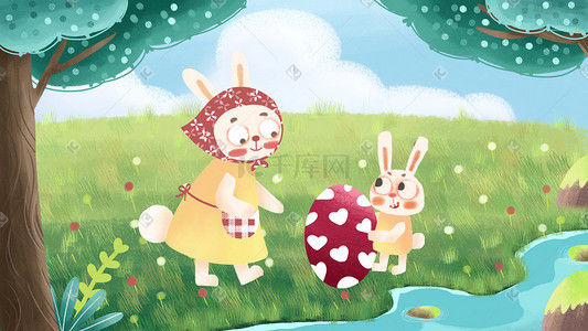 复活节彩蛋插画图片_治愈卡通手绘小兔子送复活节彩蛋给兔妈妈