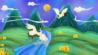 中国风手绘青山绿水仙鹤