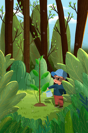 植树节春天种树浇水绿色场景插画