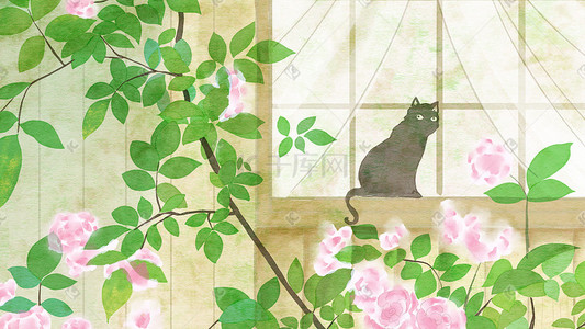 水彩猫咪插画图片_春天窗前花开水彩