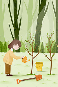 铲子插画图片_卡通风格绿色植物浇水植树节