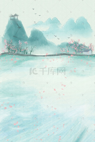 樱花插画图片_古风水墨简约花瓣山水治愈场景