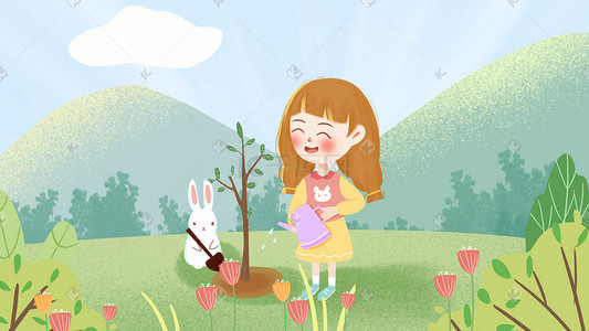 牛皮水壶插画图片_春天植树节女孩种植树苗