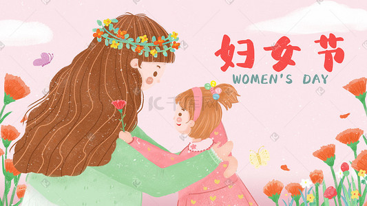 三八妇女节花朵插画图片_妇女节女儿给妈妈鲜花庆祝节日