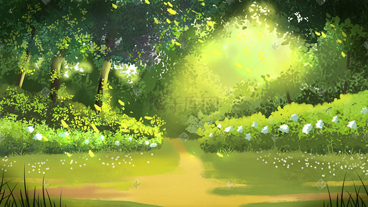 森林背景绿色插画图片_春天绿色治愈温馨植物风景手绘场景