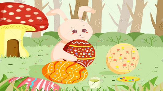 卡通卡通可爱兔子插画图片_复活节可爱兔子抱着彩蛋