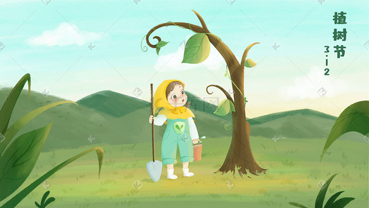 铲子插画图片_春天植树节女孩绿色种植自然保护环境