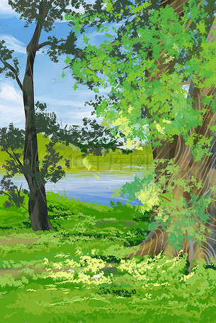 森林中的春色美景插画