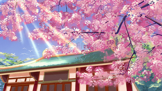 樱花节手绘插画图片_樱花节阳光下的樱花树唯美手绘插画