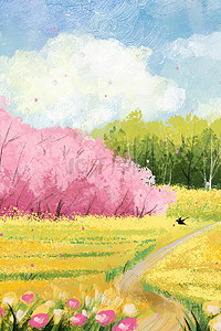 田野油画插画图片_春天油画风景樱花和油菜花