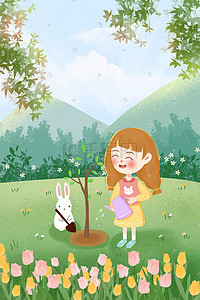 牛皮水壶插画图片_春天植树节女孩种植树苗