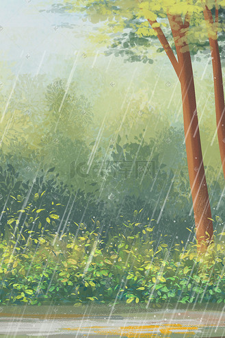 春天绿色小清新下雨治愈景色