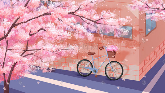 浪漫的插画图片_街道上的樱花树插画