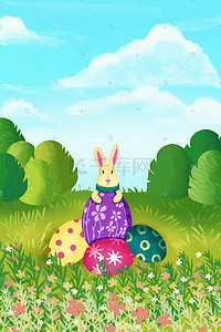 天空和草地插画图片_复活节彩蛋和兔子