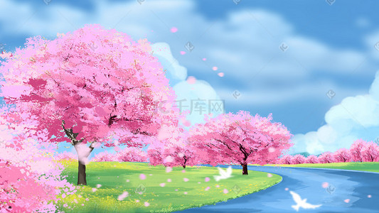 樱花节直播插画图片_樱花春天樱花节樱花风景插画